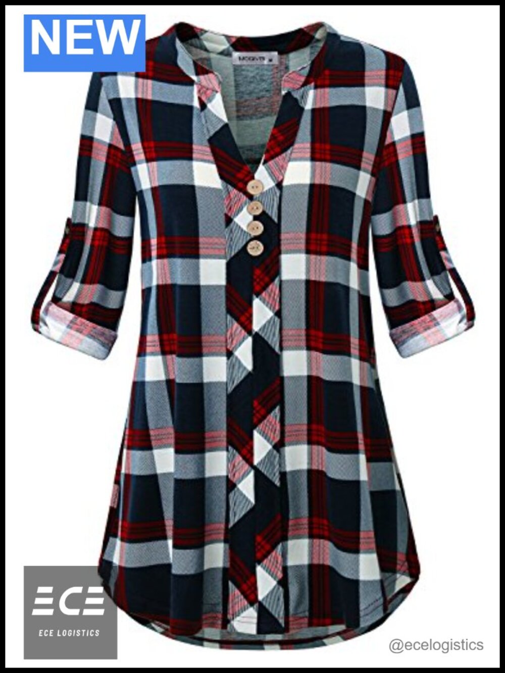 Womens Roll Tab Sleeve V Neck Plaid Button Blouse Tunic Top
